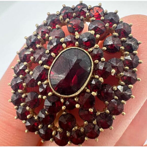 Antique signed solid 9kt gold genuine pyrope bohemian garnets brooch pin 6.39g - Picture 7 of 12
